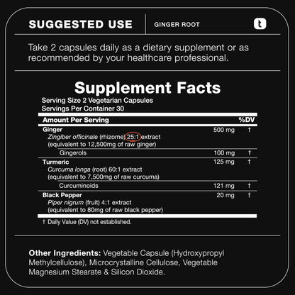 Toniiq Ginger Root Capsules – Ultra High Potency 25:1 Extract with 20% Gingerols – with Curcumin & Black Pepper for Synergy – Lab Tested – 60 Capsules - Maple Wellness Supplements