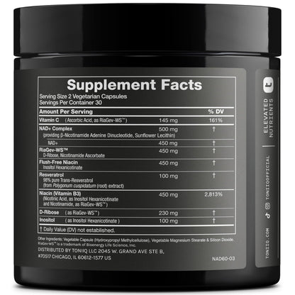 Toniiq Liposomal NAD+ and Resveratrol Supplement - 1500mg Ultra High Strength NAD Supplement - Clinically Studied Ingredients with Patented RiaGev-WS™, Resveratrol, and Niacin - 60 Capsules - Maple Wellness Supplements