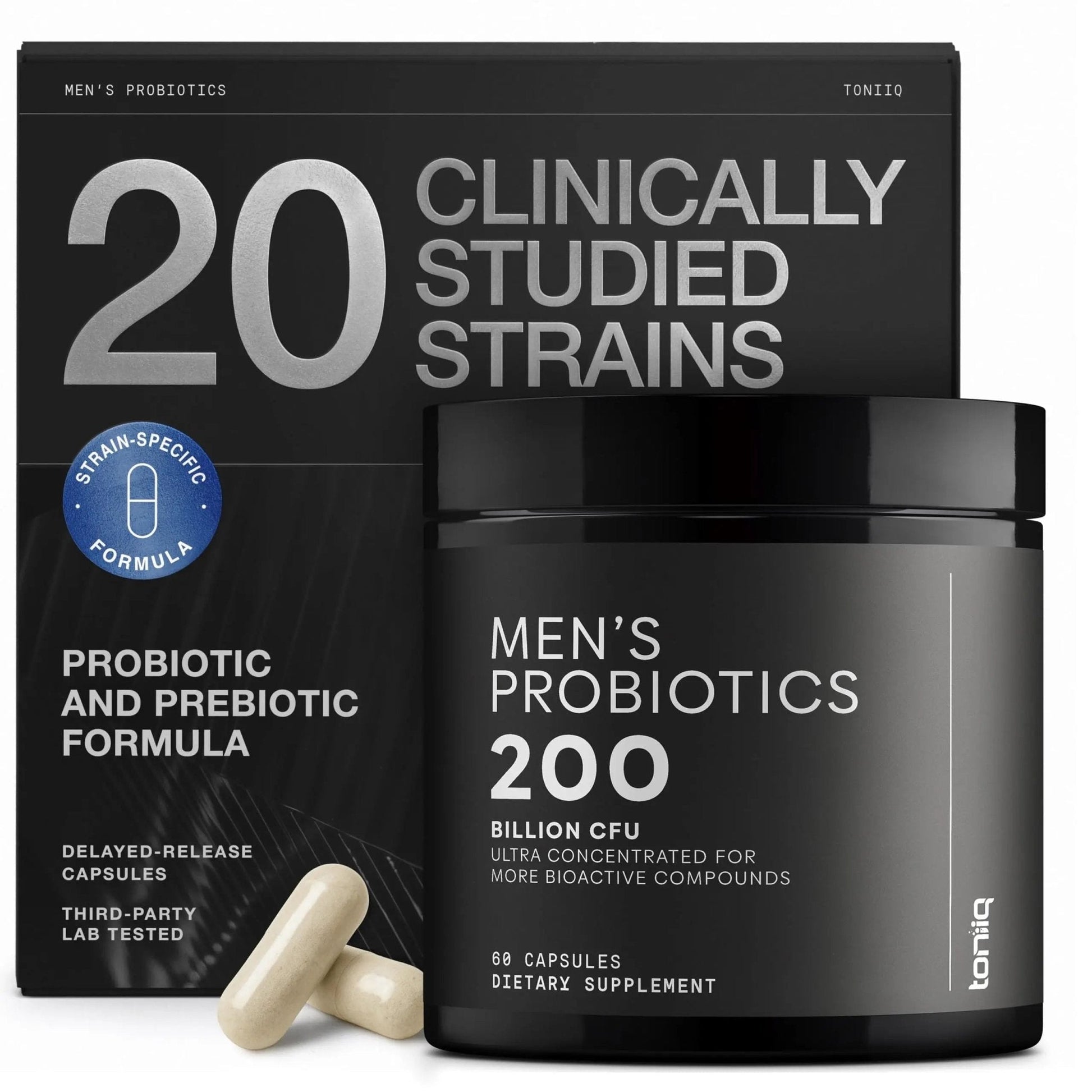 Toniiq Mens Probiotic with 20 Verified Strains – 200 Bilion CFU + 200mg FOS Prebiotic – Mens Probiotics for Gut Health - Cold-Chain & Delayed-Release – Lab-Tested Synbiotic Formula - Maple Wellness Supplements