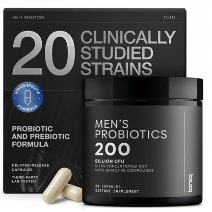 Toniiq Mens Probiotic with 20 Verified Strains – 200 Bilion CFU + 200mg FOS Prebiotic – Mens Probiotics for Gut Health - Cold-Chain & Delayed-Release – Lab-Tested Synbiotic Formula - Maple Wellness Supplements