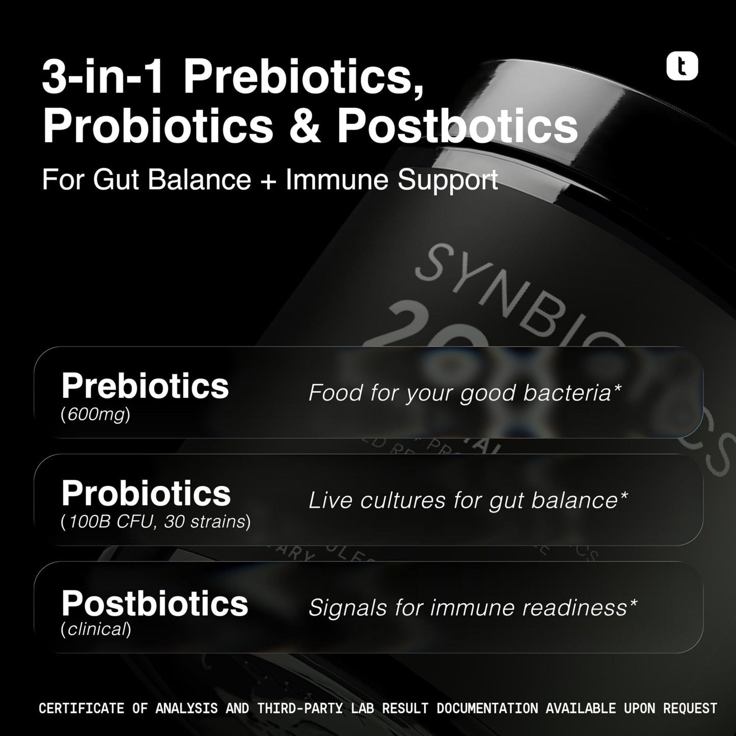 Toniiq Prebiotics and Probiotics – 200B CFU Synbiotic with Postbiotics IMMUSE® & ButyraGen® – 30 Strains for Gut & Digestive Health – Shelf-Stable - Maple Wellness Supplements