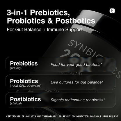 Toniiq Prebiotics and Probiotics – 200B CFU Synbiotic with Postbiotics IMMUSE® & ButyraGen® – 30 Strains for Gut & Digestive Health – Shelf-Stable - Maple Wellness Supplements