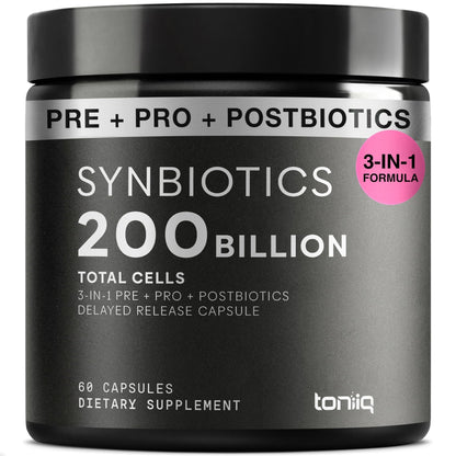 Toniiq Prebiotics and Probiotics – 200B CFU Synbiotic with Postbiotics IMMUSE® & ButyraGen® – 30 Strains for Gut & Digestive Health – Shelf-Stable - Maple Wellness Supplements