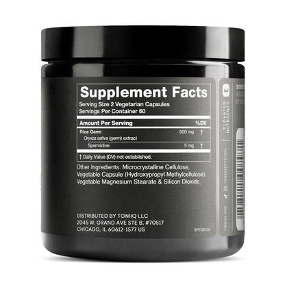 Toniiq Ultra Concentrated 500mg Spermidine Supplements for Men and Women - Non-Synthetic Spermidine Standardized to No Less Than 1% - 5mg per Serving Rice Germ Extract - Maple Wellness Supplements