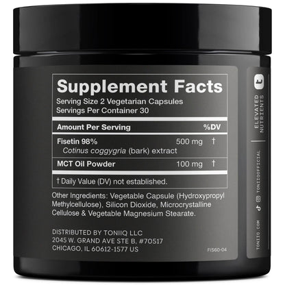 Toniiq Ultra High Purity Fisetin 500mg - 98%+ Higly Purified & Bioavailable Fisetin Supplement with MCT Oil for Absorption - Third-Party Tested Senolytic Supplements for Aging Support - 60 Capsules - Maple Wellness Supplements