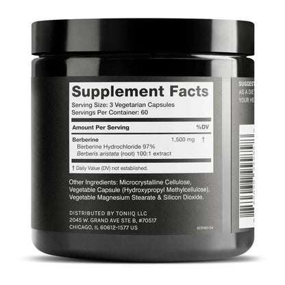 Toniiq Ultra High Strength Berberine HCl from The Himalayas - 100:1 Concentrated Extract - Lab-Tested 97% Berberine HCl - 180 Vegetarian Capsules, 1500 mg per Serving - Maple Wellness Supplements