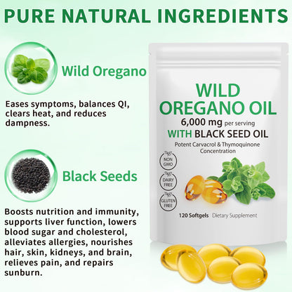 Tooffi Oil of Oregano Softgels,Oregano Oil Capsules Organic,2-in-1 6000mg Oil of Oregano with Black Seed Oil 200mg,Oregano Oil - Maple Wellness Supplements