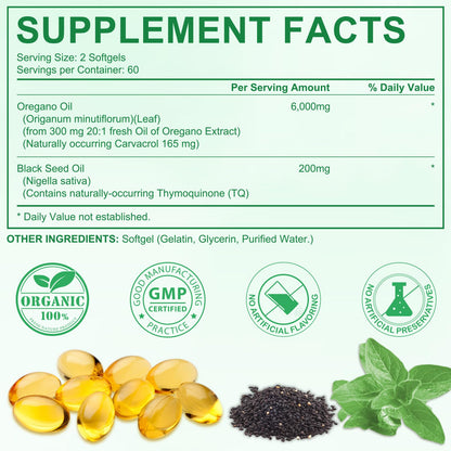 Tooffi Oil of Oregano Softgels,Oregano Oil Capsules Organic,2-in-1 6000mg Oil of Oregano with Black Seed Oil 200mg,Oregano Oil - Maple Wellness Supplements