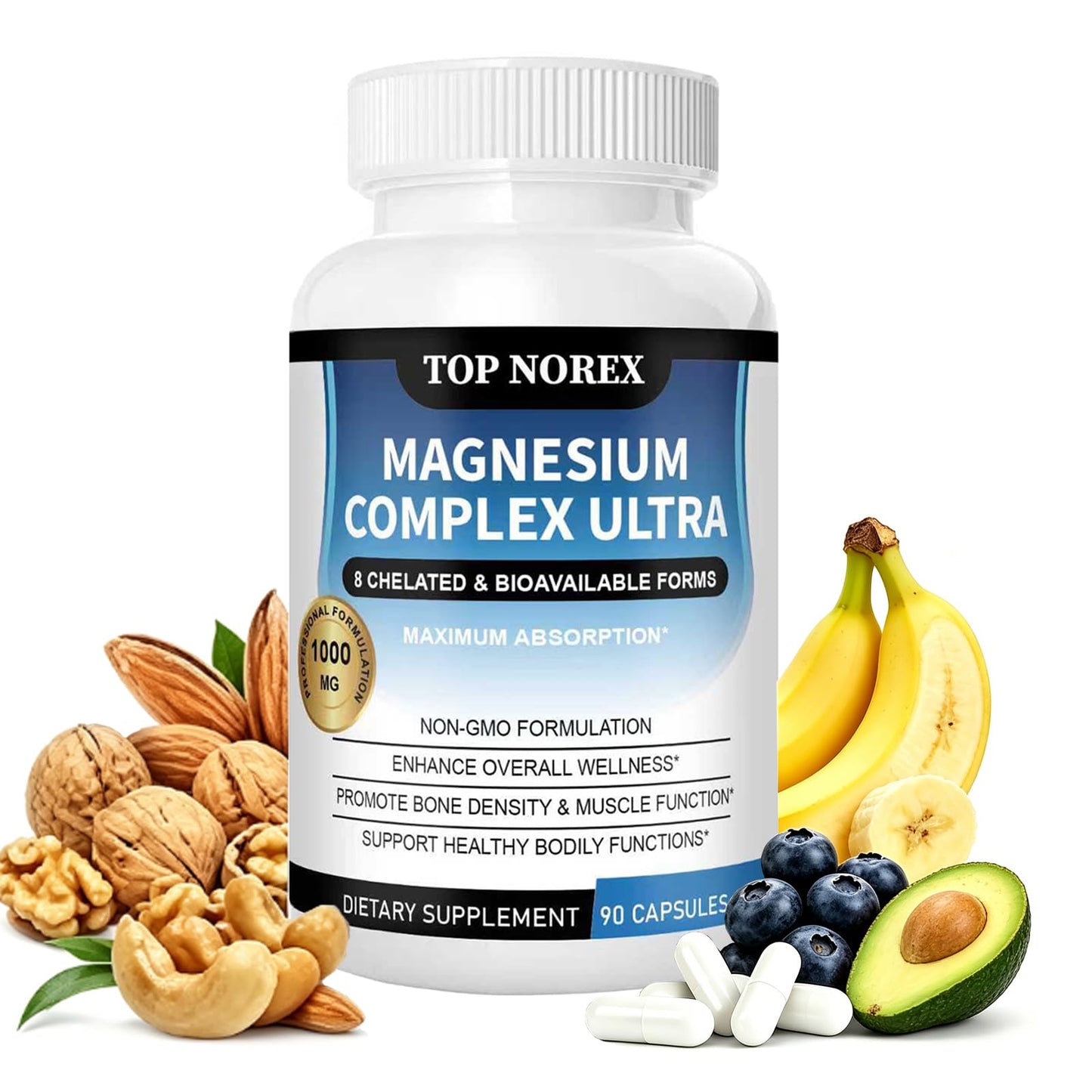 Top Norex Magnesium Complex Ultra - 8 Elemental 1000mg Magnesium Blend, Easy Absorption, 90 Capsules (1) - Maple Wellness Supplements