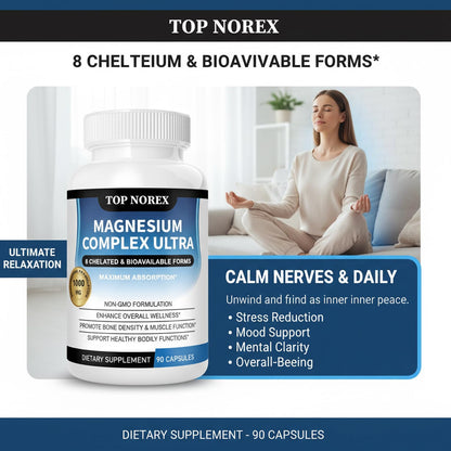 Top Norex Magnesium Complex Ultra - 8 Elemental 1000mg Magnesium Blend, Easy Absorption, 90 Capsules (1) - Maple Wellness Supplements
