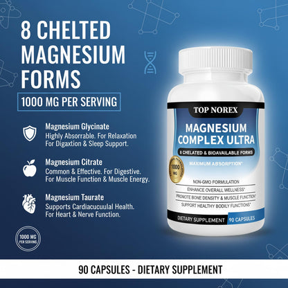 Top Norex Magnesium Complex Ultra - 8 Elemental 1000mg Magnesium Blend, Easy Absorption, 90 Capsules (1) - Maple Wellness Supplements
