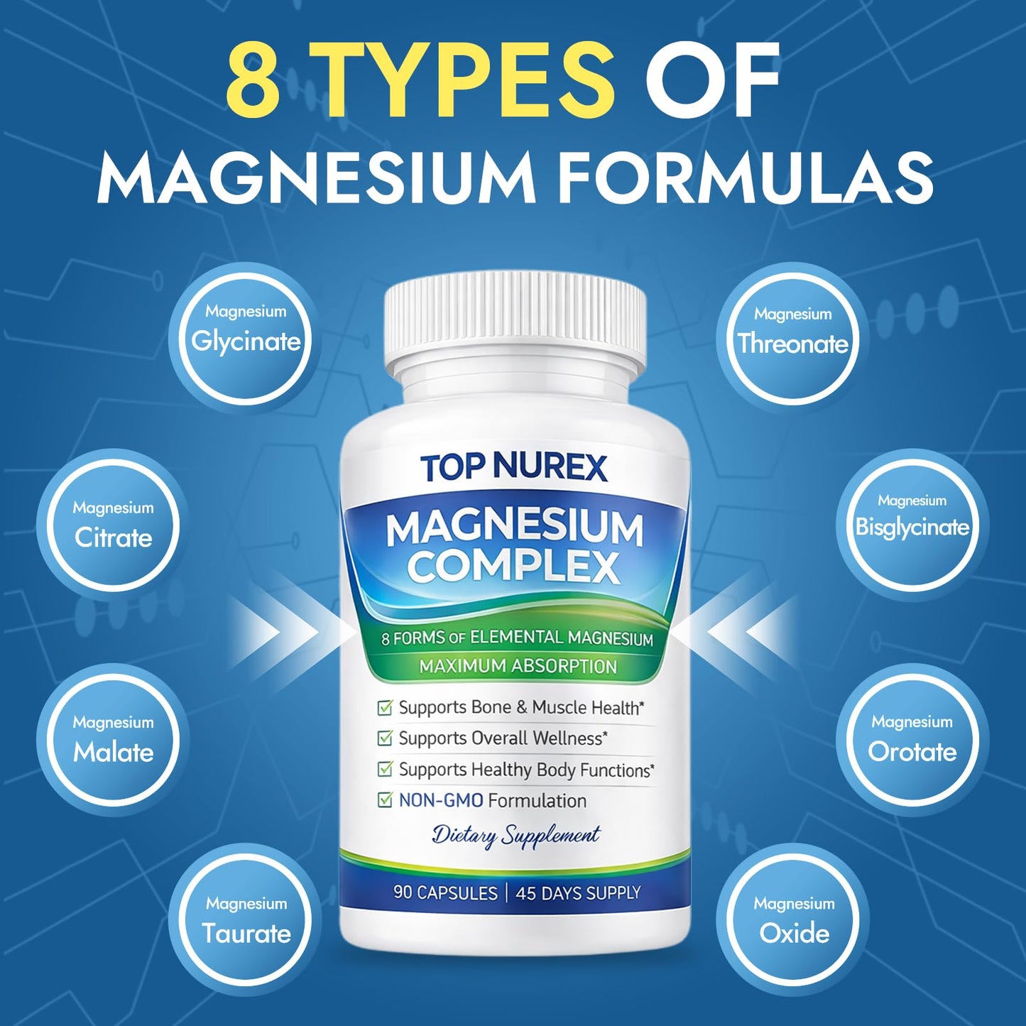 Top Nurex Magnesium Complex 1000 mg, 8-Source Magnesium Blend with Glycinate, Citrate, Malate & Taurate, Vegan Formula, Non-GMO, 90 Capsules - Maple Wellness Supplements