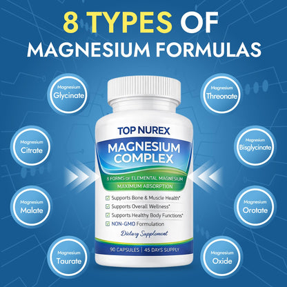 Top Nurex Magnesium Complex 1000 mg, 8-Source Magnesium Blend with Glycinate, Citrate, Malate & Taurate, Vegan Formula, Non-GMO, 90 Capsules - Maple Wellness Supplements