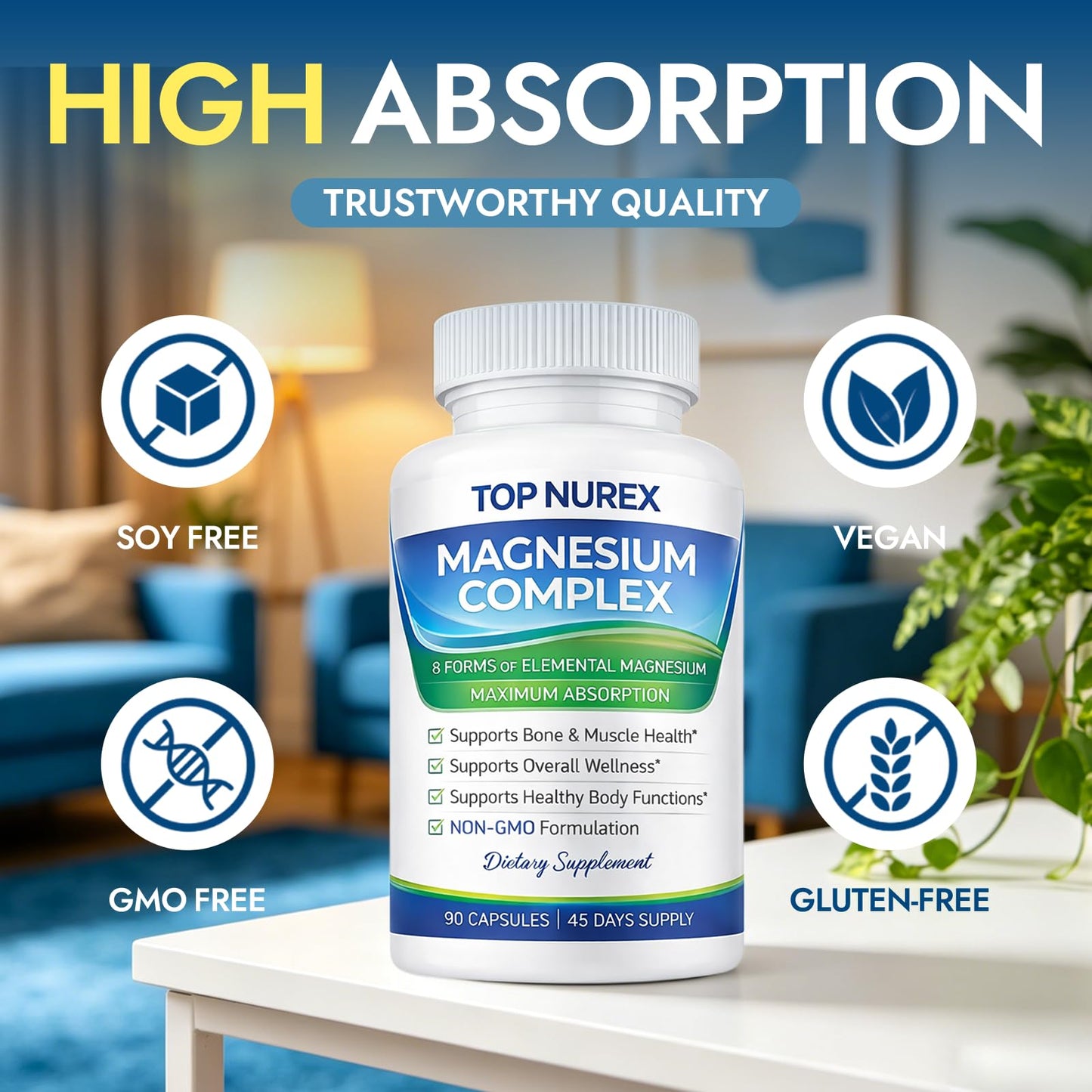 Top Nurex Magnesium Complex 1000 mg, 8-Source Magnesium Blend with Glycinate, Citrate, Malate & Taurate, Vegan Formula, Non-GMO, 90 Capsules - Maple Wellness Supplements