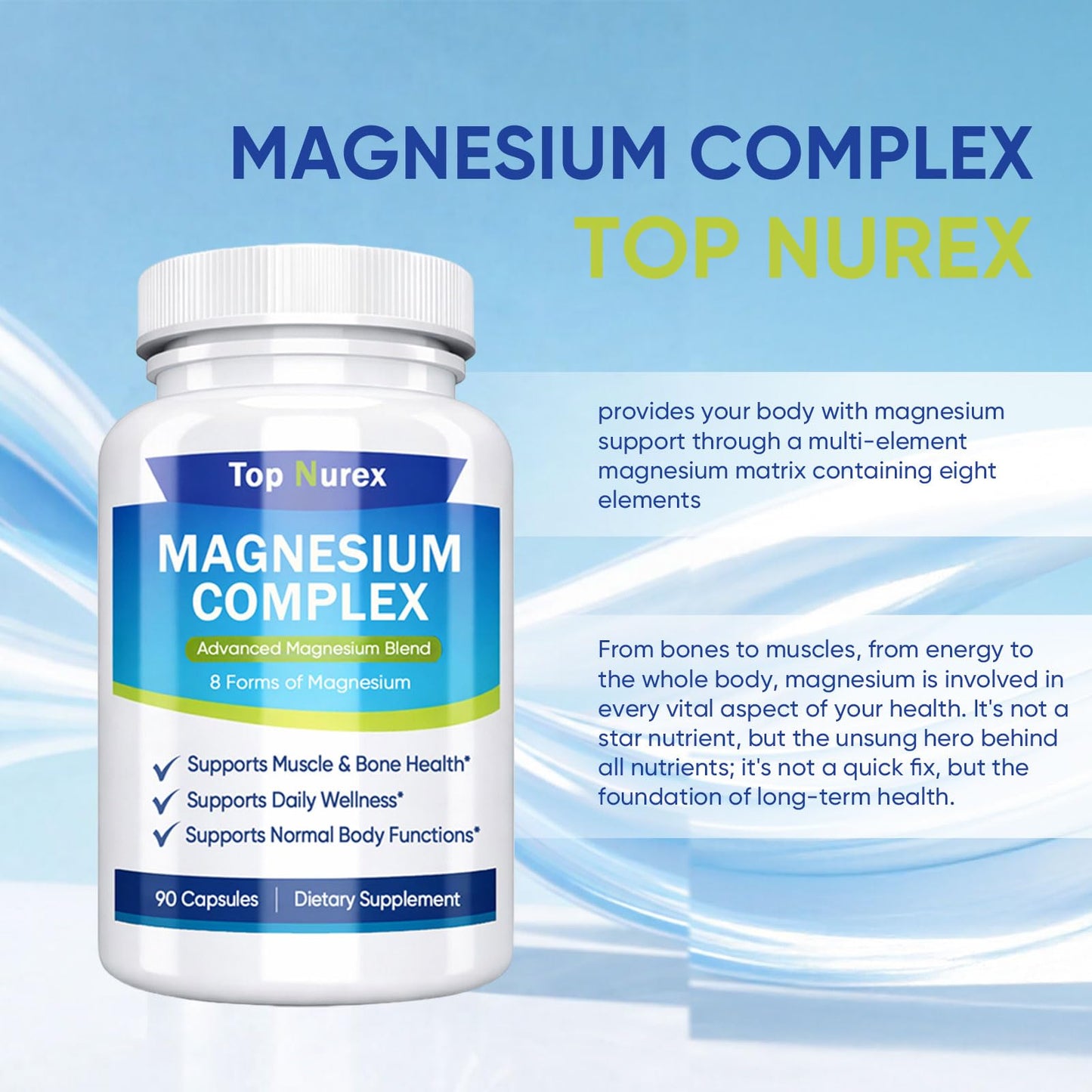 Top Nurex Magnesium Complex 1000 mg, 8-Source Magnesium Blend with Glycinate, Citrate, Malate & Taurate, Vegan Non-GMO Formula, 90 Capsules - Maple Wellness Supplements
