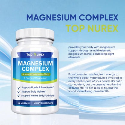 Top Nurex Magnesium Complex 1000 mg, 8-Source Magnesium Blend with Glycinate, Citrate, Malate & Taurate, Vegan Non-GMO Formula, 90 Capsules - Maple Wellness Supplements