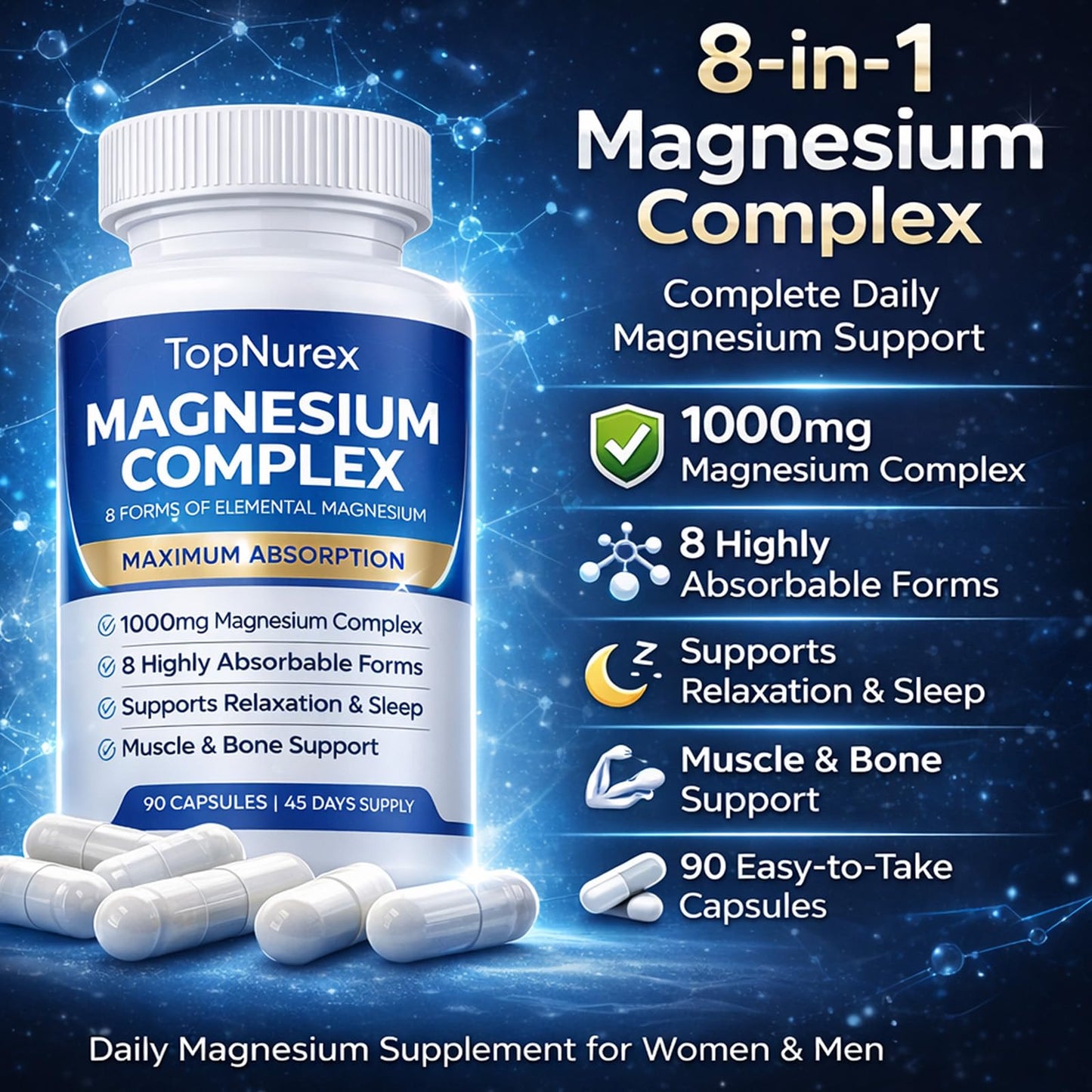 Top Nurex Magnesium Complex Supplement for Women & Men | 1000mg Maximum Absorption | 8 Magnesium Forms Including Glycinate, Citrate, Malate | Supports Relaxation, Sleep, Bone Strength | 90 Capsules - Maple Wellness Supplements