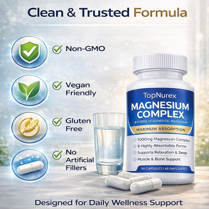 Top Nurex Magnesium Complex Supplement for Women & Men | 1000mg Maximum Absorption | 8 Magnesium Forms Including Glycinate, Citrate, Malate | Supports Relaxation, Sleep, Bone Strength | 90 Capsules - Maple Wellness Supplements