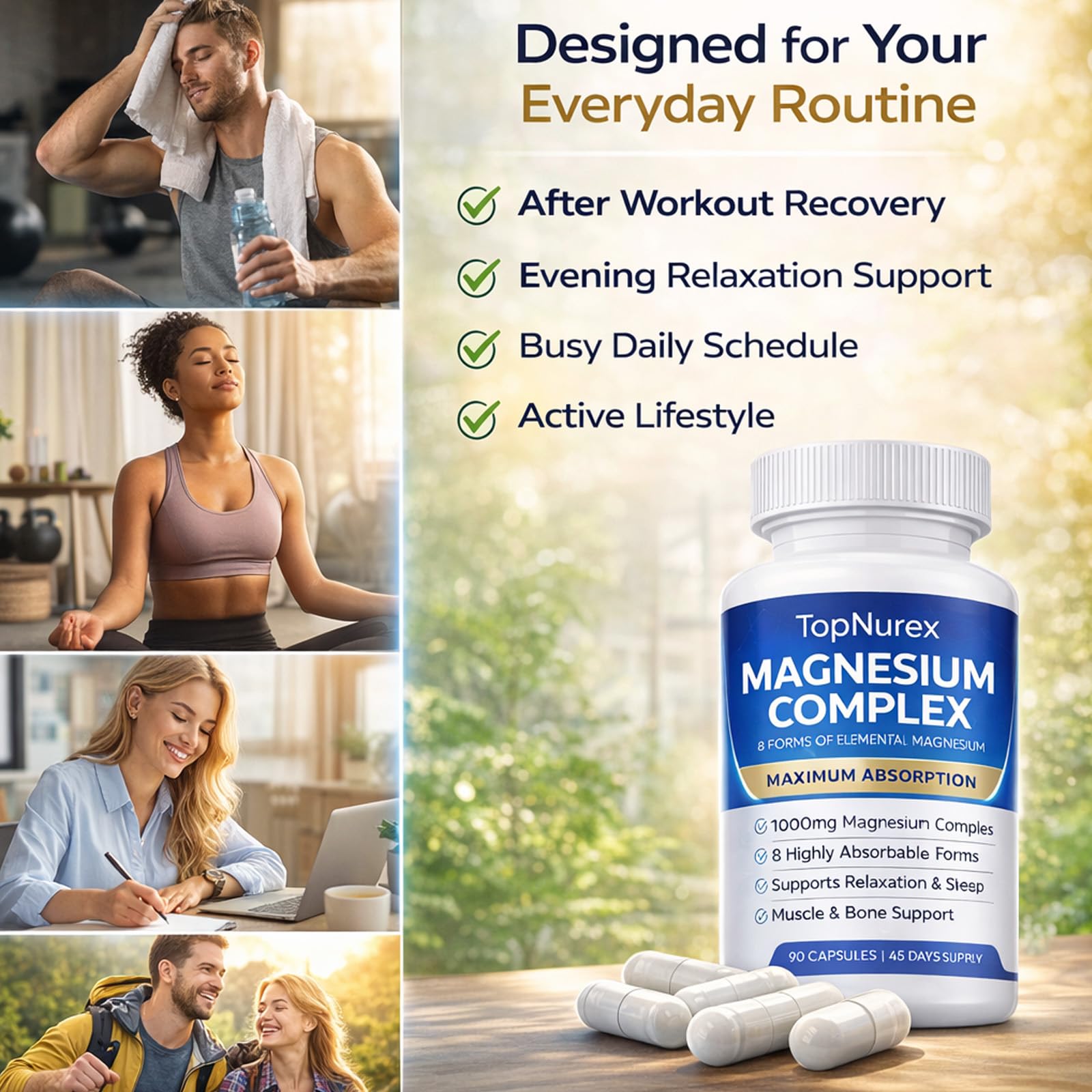 Top Nurex Magnesium Complex Supplement for Women & Men | 1000mg Maximum Absorption | 8 Magnesium Forms Including Glycinate, Citrate, Malate | Supports Relaxation, Sleep, Bone Strength | 90 Capsules - Maple Wellness Supplements