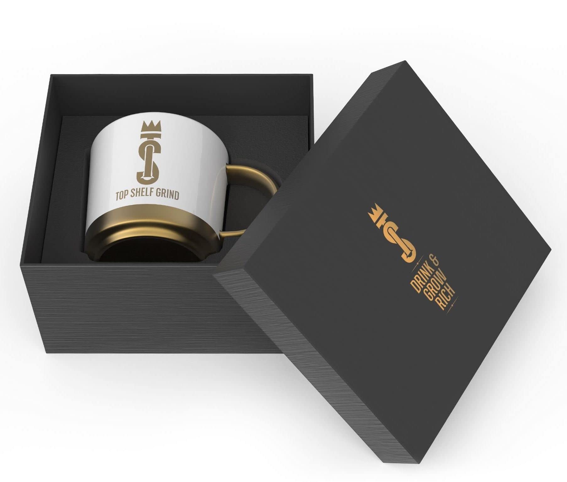Top Shelf Grind Coffee Mug - The Prosperity Cup (Drink & Grow Rich) - White & Gold - Maple Wellness Supplements