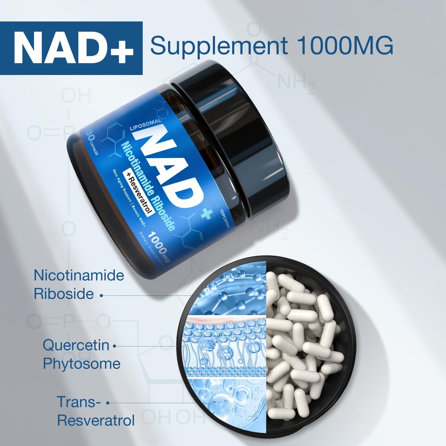TOPCAPAK NAD+ Supplement - NAD Nicotinamide Riboside Resveratrol, Liposomal NAD+ Supplement 1000mg for for Women & Men - Healthy Aging, Brain and Cellular Energy, Non-GMO, 80 Capsules - Maple Wellness Supplements