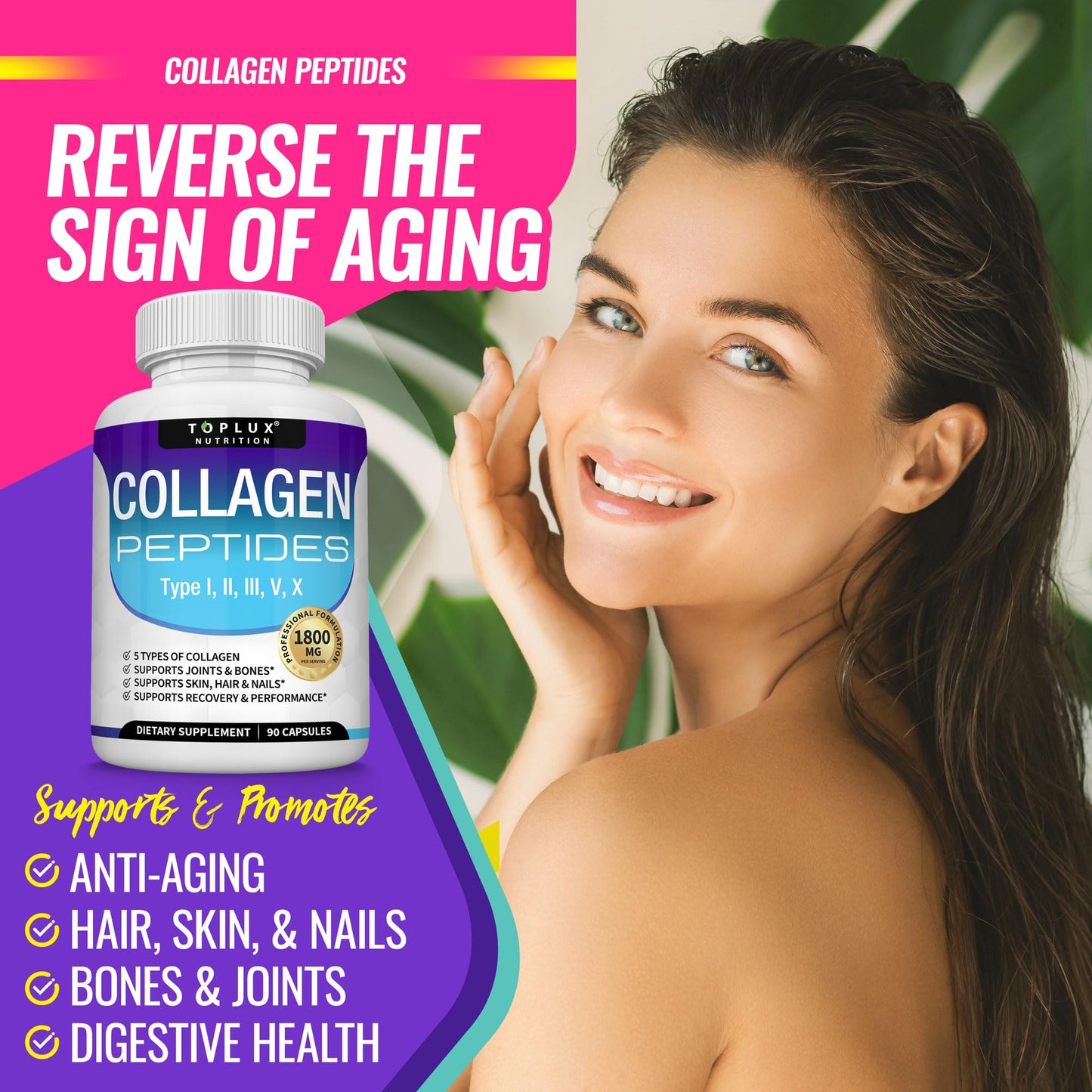Toplux Multi Collagen Peptides Pills 1800 Mg Complex - Type I, II, III, V, X Premium Collagen Complex for Better Skin & Hair, Strong Joint, Hydrolyzed Protein - Maple Wellness Supplements