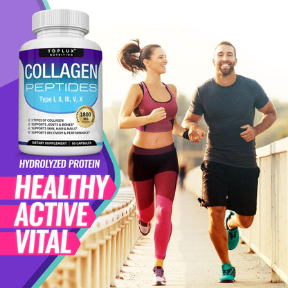Toplux Multi Collagen Peptides Pills 1800 Mg Complex - Type I, II, III, V, X Premium Collagen Complex for Better Skin & Hair, Strong Joint, Hydrolyzed Protein - Maple Wellness Supplements