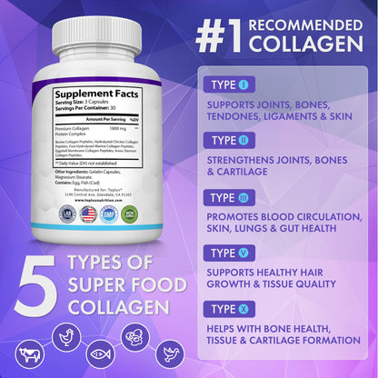 Toplux Multi Collagen Peptides Pills 1800 Mg Complex - Type I, II, III, V, X Premium Collagen Complex for Better Skin & Hair, Strong Joint, Hydrolyzed Protein - Maple Wellness Supplements