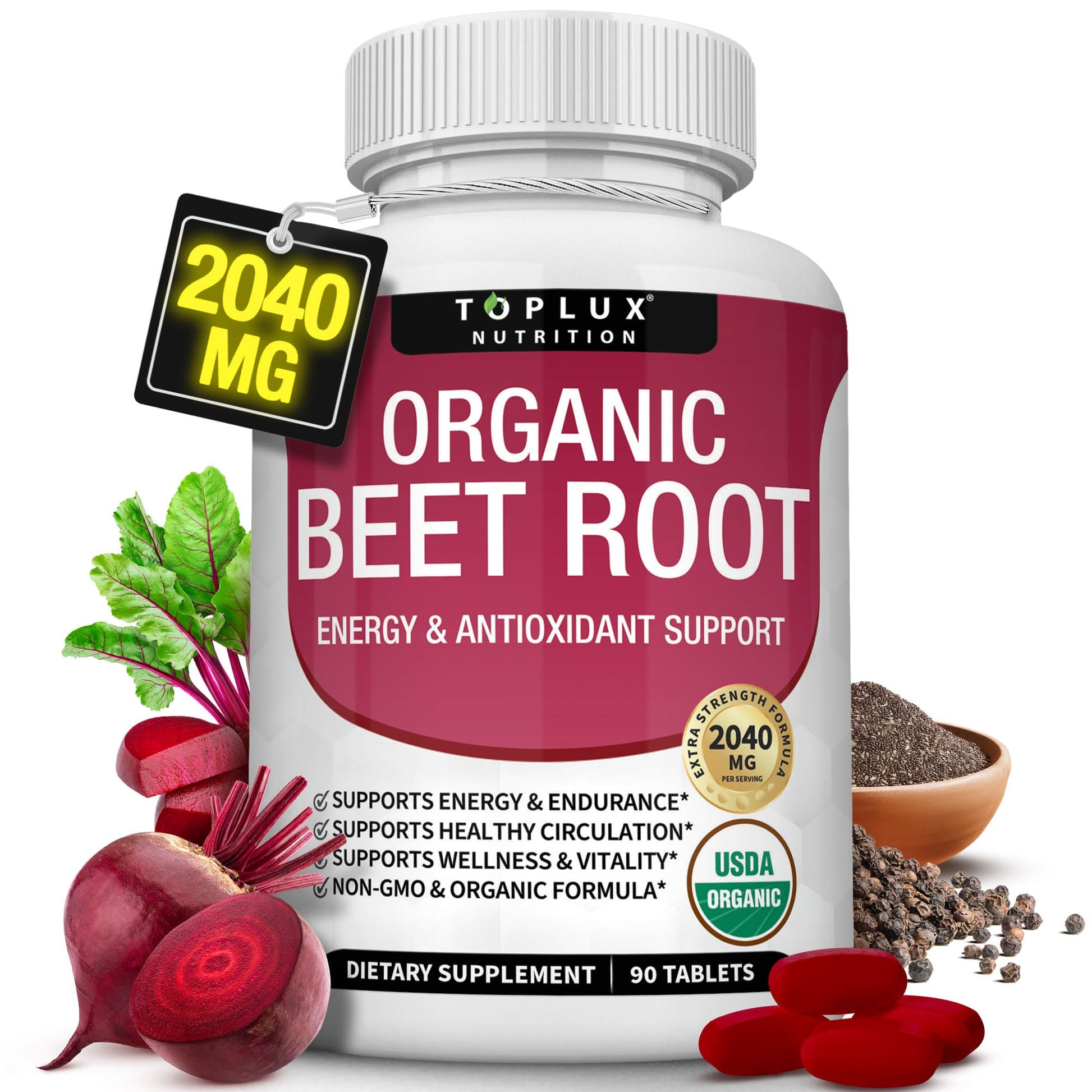Toplux Organic Beet Root Powder Tablets - 2040mg Natural Nitric Oxide Beets to Support, Energy, Black Pepper Better Absorption, Non-GMO, for Men Women, 90 Tablets - Maple Wellness Supplements