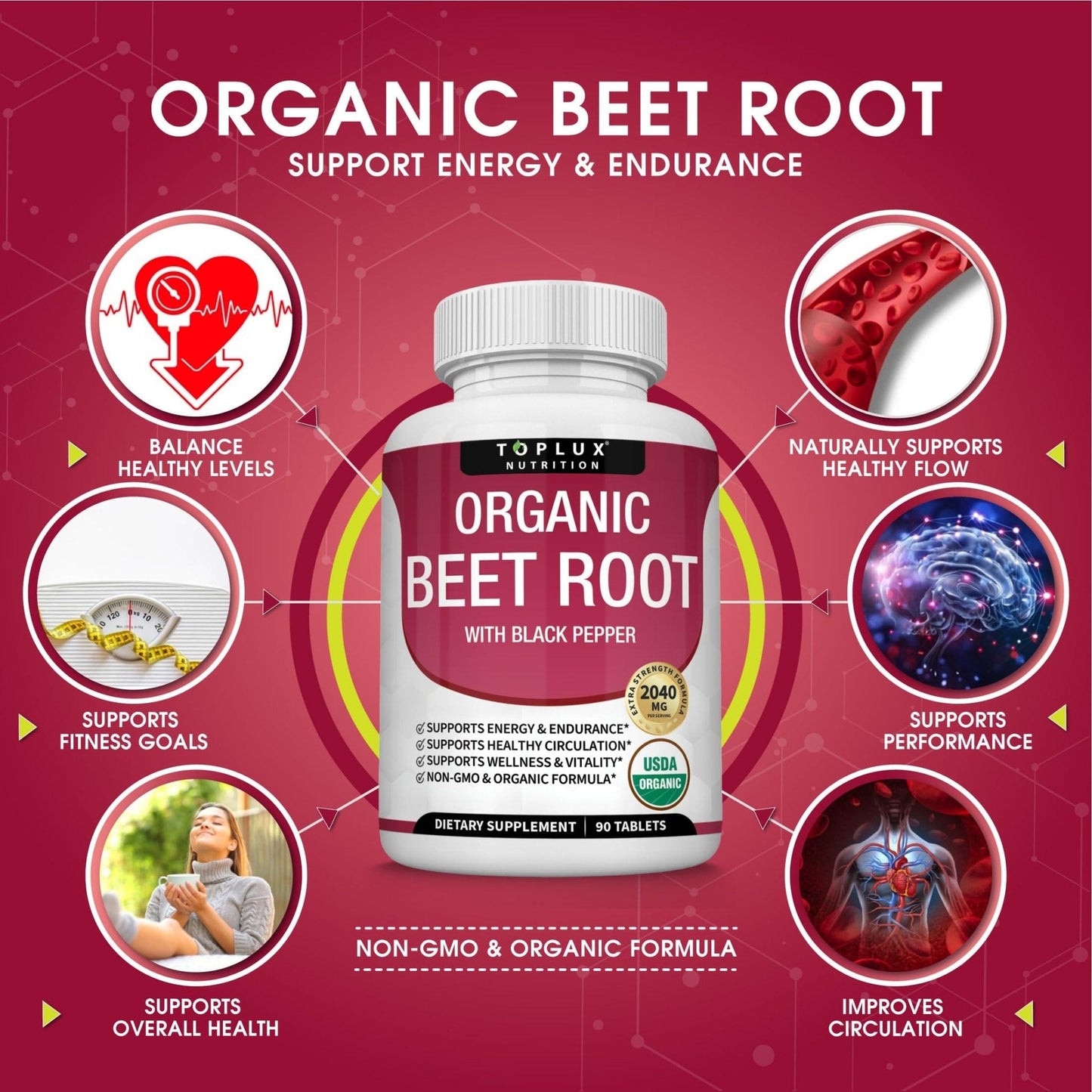 Toplux Organic Beet Root Powder Tablets - 2040mg Natural Nitric Oxide Beets to Support, Energy, Black Pepper Better Absorption, Non-GMO, for Men Women, 90 Tablets - Maple Wellness Supplements