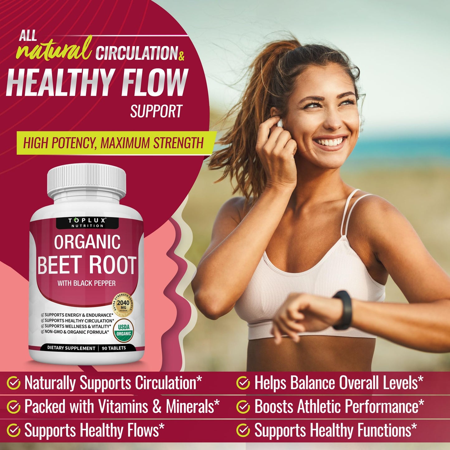 Toplux Organic Beet Root Powder Tablets - 2040mg Natural Nitric Oxide Beets to Support, Energy, Black Pepper Better Absorption, Non-GMO, for Men Women, 90 Tablets - Maple Wellness Supplements