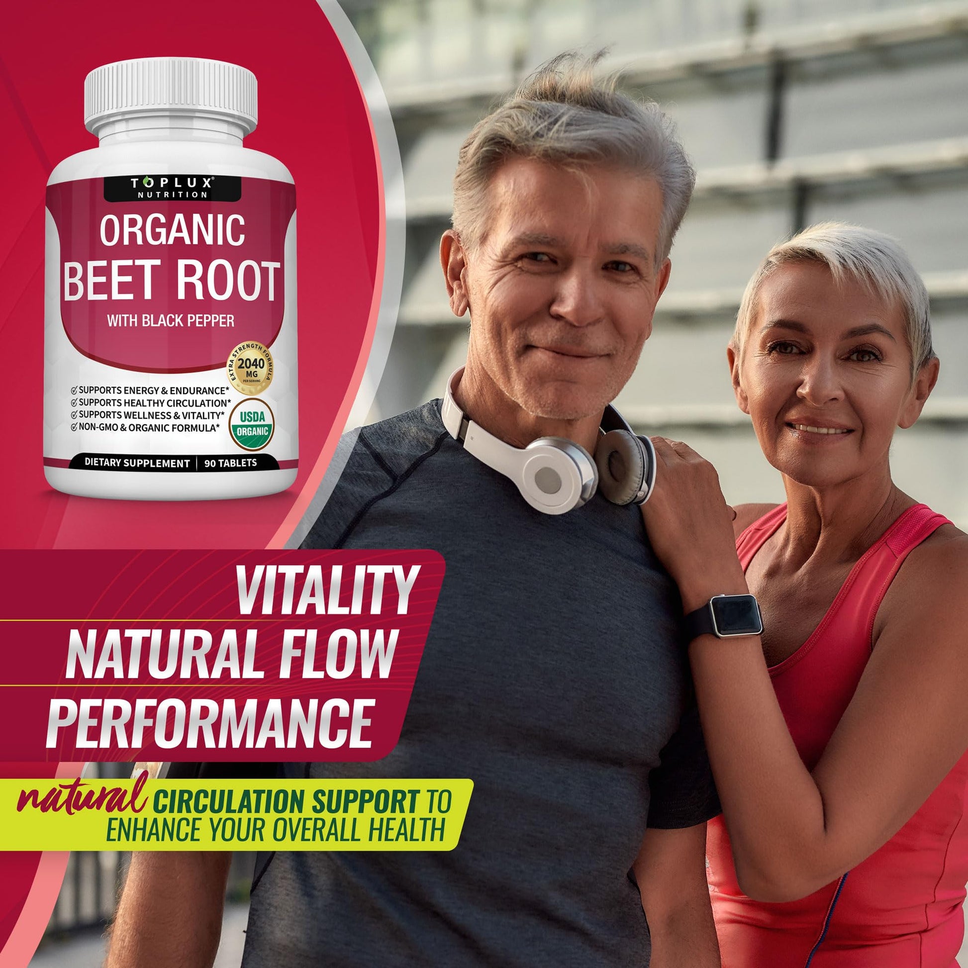 Toplux Organic Beet Root Powder Tablets - 2040mg Natural Nitric Oxide Beets to Support, Energy, Black Pepper Better Absorption, Non-GMO, for Men Women, 90 Tablets - Maple Wellness Supplements