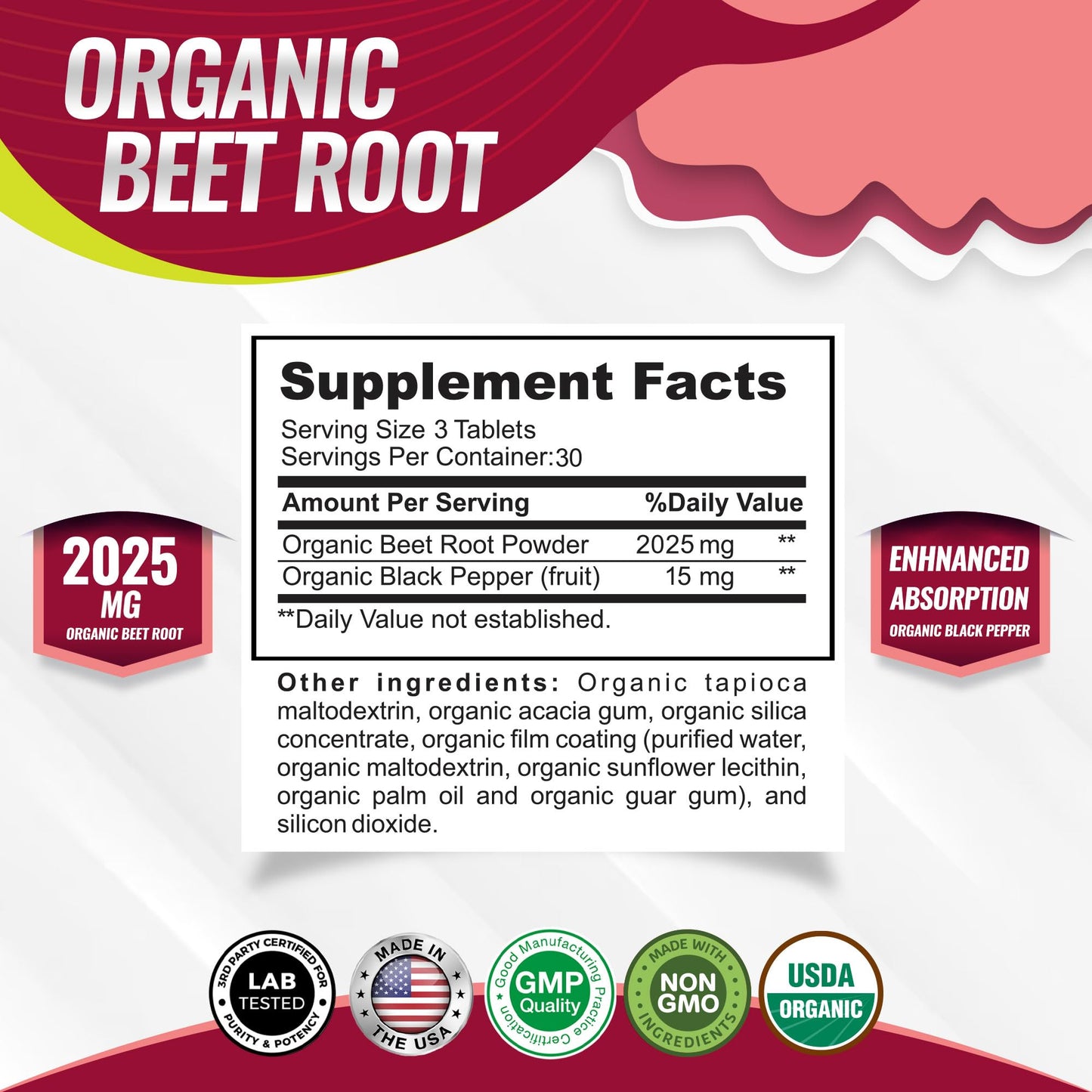 Toplux Organic Beet Root Powder Tablets - 2040mg Natural Nitric Oxide Beets to Support, Energy, Black Pepper Better Absorption, Non-GMO, for Men Women, 90 Tablets - Maple Wellness Supplements