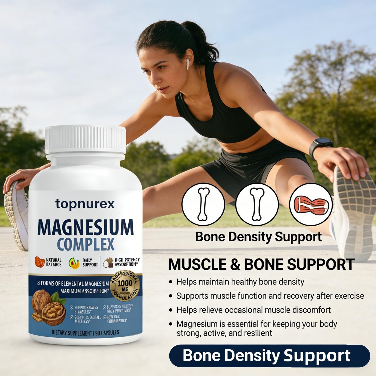 Topnurex Magnesium Complex for Women & Men - 1000mg High Absorption, 8 Essential Magnesium, 90 Capsules - Maple Wellness Supplements