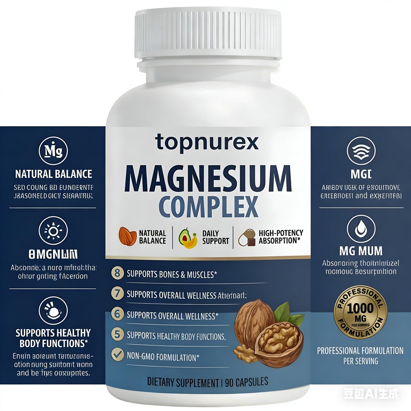 Topnurex Magnesium Complex for Women & Men - 1000mg High Absorption, 8 Essential Magnesium, 90 Capsules - Maple Wellness Supplements