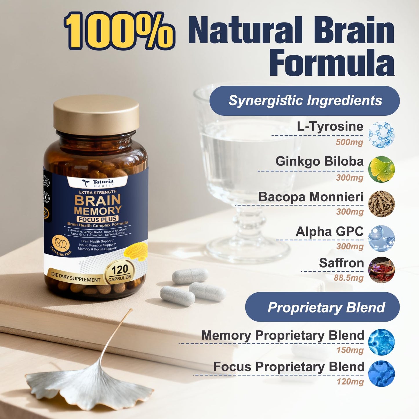 Totara Brain Supplements for Memory and Focus丨Non-Caffeinated Energy with L-Tyrosine, Alpha GPC, Ginkgo Biloba, Bacopa Monnieri, Saffron – Gluten Free, Non-GMO for Neuro & Brain Health (120 Counts) - Maple Wellness Supplements