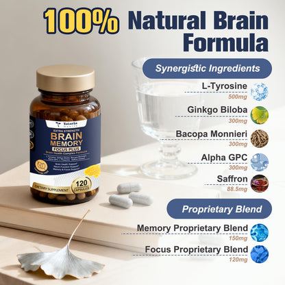 Totara Brain Supplements for Memory and Focus丨Non-Caffeinated Energy with L-Tyrosine, Alpha GPC, Ginkgo Biloba, Bacopa Monnieri, Saffron – Gluten Free, Non-GMO for Neuro & Brain Health (120 Counts) - Maple Wellness Supplements
