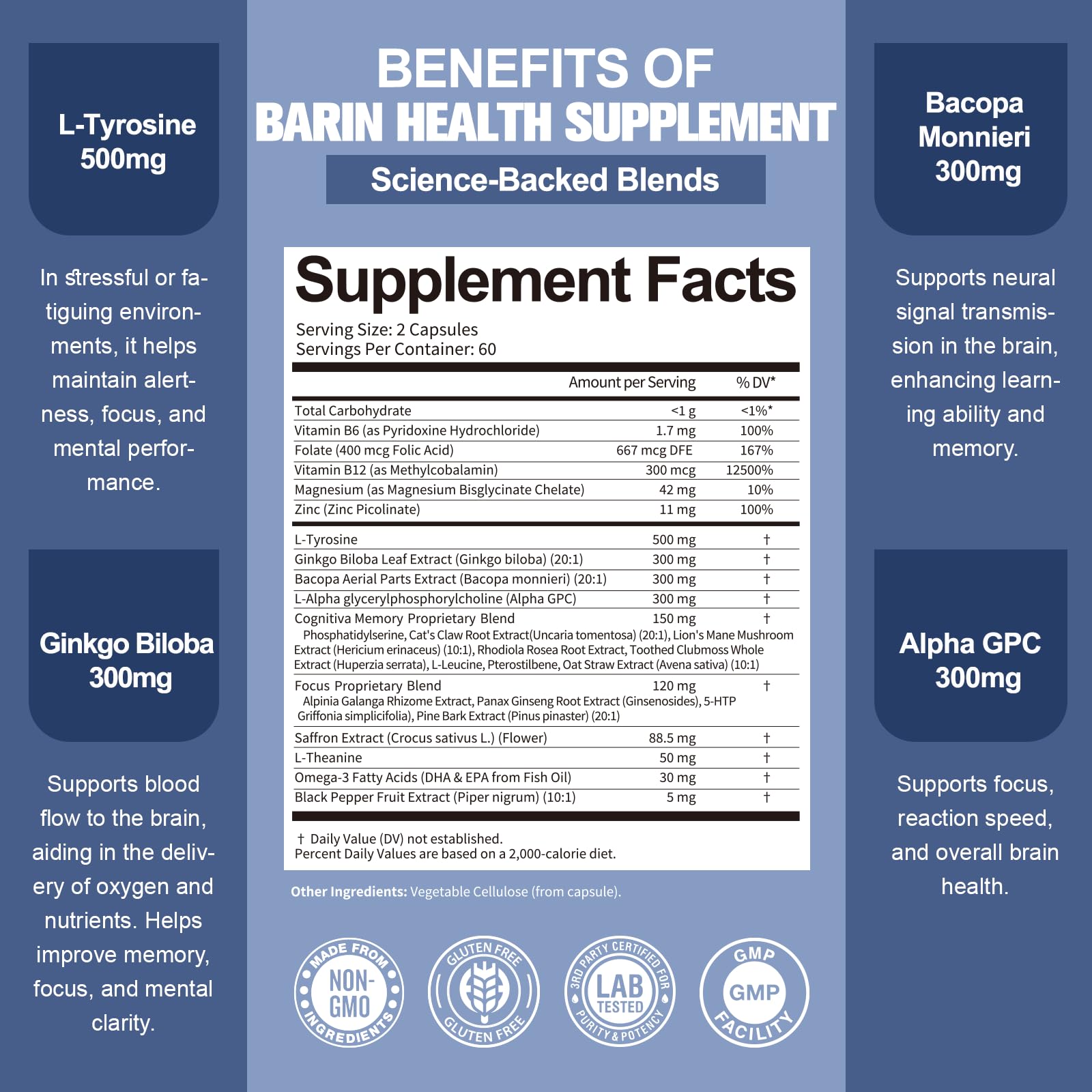Totara Brain Supplements for Memory and Focus丨Non-Caffeinated Energy with L-Tyrosine, Alpha GPC, Ginkgo Biloba, Bacopa Monnieri, Saffron – Gluten Free, Non-GMO for Neuro & Brain Health (120 Counts) - Maple Wellness Supplements