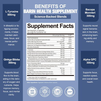 Totara Brain Supplements for Memory and Focus丨Non-Caffeinated Energy with L-Tyrosine, Alpha GPC, Ginkgo Biloba, Bacopa Monnieri, Saffron – Gluten Free, Non-GMO for Neuro & Brain Health (120 Counts) - Maple Wellness Supplements
