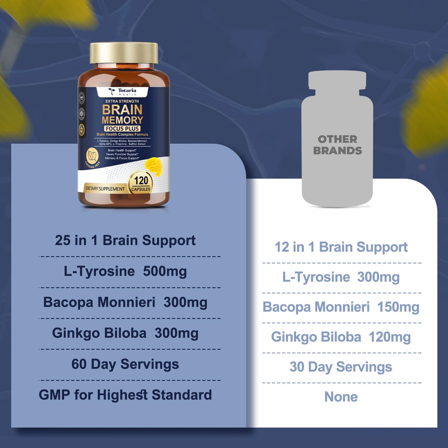 Totara Brain Supplements for Memory and Focus丨Non-Caffeinated Energy with L-Tyrosine, Alpha GPC, Ginkgo Biloba, Bacopa Monnieri, Saffron – Gluten Free, Non-GMO for Neuro & Brain Health (120 Counts) - Maple Wellness Supplements