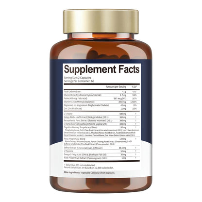 Totara Brain Supplements for Memory and Focus丨Non-Caffeinated Energy with L-Tyrosine, Alpha GPC, Ginkgo Biloba, Bacopa Monnieri, Saffron – Gluten Free, Non-GMO for Neuro & Brain Health (120 Counts) - Maple Wellness Supplements