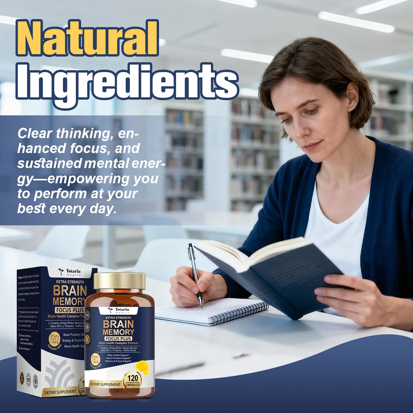 Totara Brain Supplements for Memory and Focus丨Non-Caffeinated Energy with L-Tyrosine, Alpha GPC, Ginkgo Biloba, Bacopa Monnieri, Saffron – Gluten Free, Non-GMO for Neuro & Brain Health (120 Counts) - Maple Wellness Supplements