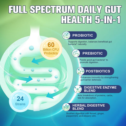 Totaria 5-in-1 60 Billion CFU Probiotic Prebiotic & Postbiotic for Women & Men, w/Digestive Enzymes, Slippery Elm, Daily Complete Gut Health, - Maple Wellness Supplements