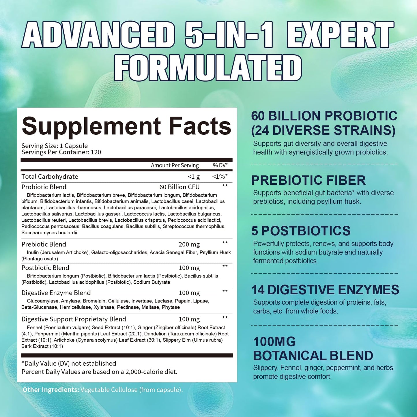 Totaria 5-in-1 60 Billion CFU Probiotic Prebiotic & Postbiotic for Women & Men, w/Digestive Enzymes, Slippery Elm, Daily Complete Gut Health, - Maple Wellness Supplements