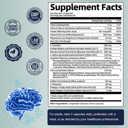 Totaria C-ognitive with Caffeine Pills, L-Tyrosine, Alpha GPC, Ginkgo Biloba, Bacopa Monnieri Brain Supplement for Memory and Focus, Brain Nootropic Support - Non-GMO, Gluten Free (2 Packs) - Maple Wellness Supplements