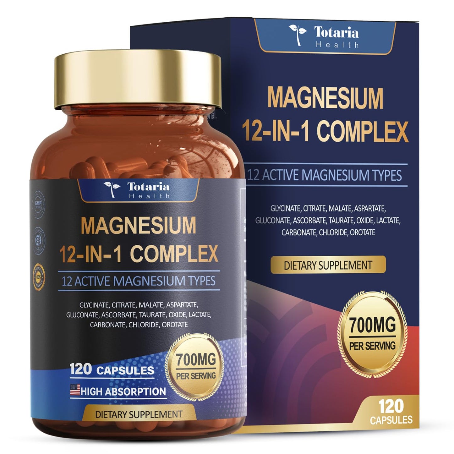 Totaria Magnesium Complex 700mg 12 in 1 Magnesium Supplement with Glycinate Citrate Malate Oxide Taurate Aspartate Orotate Magnesium Relaxation,Muscle,Heart Support, Vegan 120 Capsules - Maple Wellness Supplements