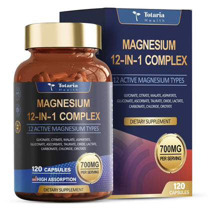 Totaria Magnesium Complex 700mg 12 in 1 Magnesium Supplement with Glycinate Citrate Malate Oxide Taurate Aspartate Orotate Magnesium Relaxation,Muscle,Heart Support, Vegan 120 Capsules - Maple Wellness Supplements