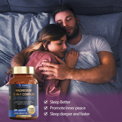 Totaria Magnesium Complex 700mg 12 in 1 Magnesium Supplement with Glycinate Citrate Malate Oxide Taurate Aspartate Orotate Magnesium Relaxation,Muscle,Heart Support, Vegan 120 Capsules - Maple Wellness Supplements