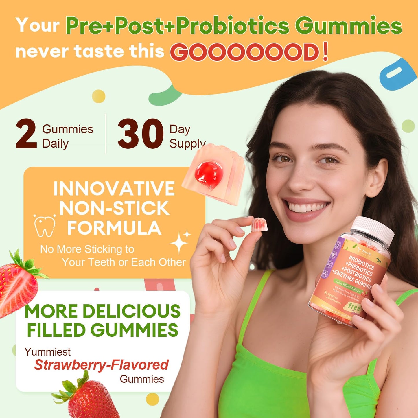 Totaria Sugar Free 5-in-1 Probiotic Prebiotic Postbiotic Gummy, 36 Strains Probiotics for Women Men with Digestive Enzymes, Peppermint, Complete Immune, - Maple Wellness Supplements