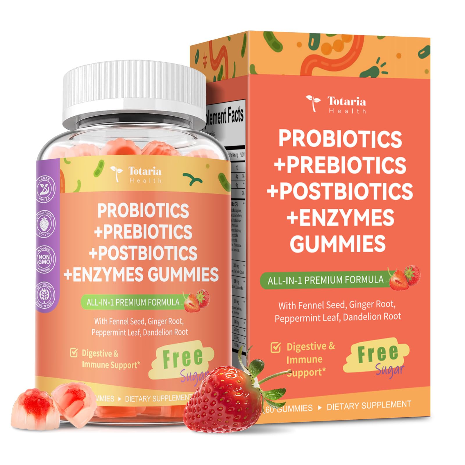 Totaria Sugar Free 5-in-1 Probiotic Prebiotic Postbiotic Gummy, 36 Strains Probiotics for Women Men with Digestive Enzymes, Peppermint, Complete Immune, - Maple Wellness Supplements